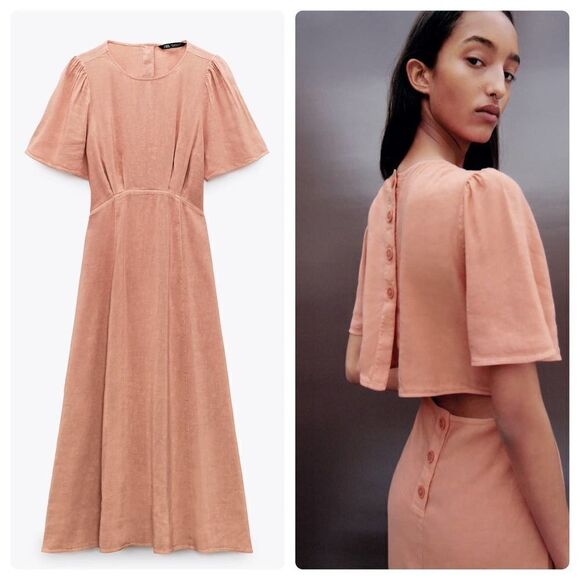 Zara linen blend midi dress cut out open back - Picture 1 of 6